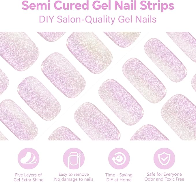 Semi Cured Gel Nail Strips-Salon Quality Semi-Cured Gel Press On Nails Stickers Quick DIY Nail Art Manicure Kits for Women at Home Works with Any UV/LED Lamps(Pink Purple Aurora)