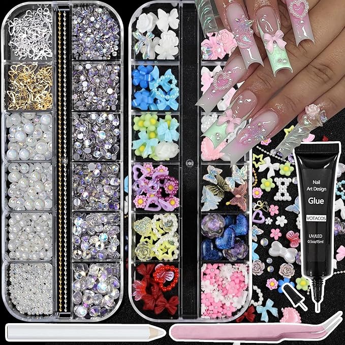 Nail Art Charms Flatback Nail Pearls Rhinestones with Rhinestones Glue Gel Flower Butterfly Nails Gems Supplies Accessories Clear Rhinestone for Women Nails Design Decoration