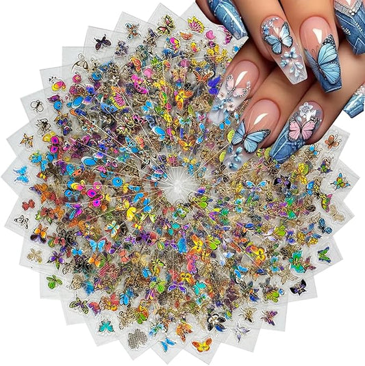 30 Sheets Butterfly Nail Art Stickers 3D Self-Adhesive Colorful Butterfly Nail Decals Cute Nail Accessories for Women Girls DIY Acrylic Nail Art Decorations