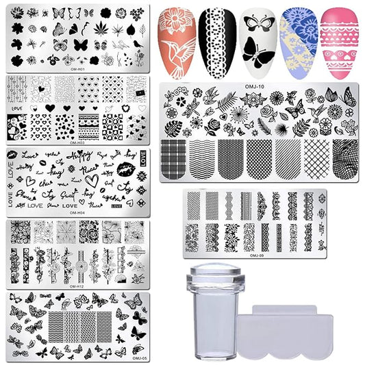 LoveOurHome Valentine Nail Stamping Kit 7pc Flower Butterfly Geometric Nails Stamping Plate Stencil with Silicone Stamper Scraper Stamp tools for Women Girls Kids