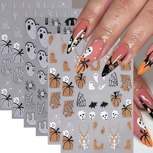 6 Sheets Halloween Nail Art Stickers Gold Glitter Pumpkin Nail Decals 3D Self Adhesive Ghost Spider Web Skull Bats Nail Design Nail Stickers Manicure Accessories for Women DIY Manicure Decoration