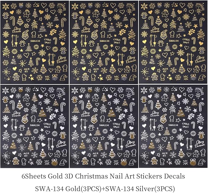 Christmas Nail Art Stickers Decals Winter Snowflake Tree Christmas Nail Stickers 6PCS Gold Silver Crystal Ball Candy Elk 3D Self-Adhesive Xmas Nail Decals Nail Art Supplies for Women Nail Decorations
