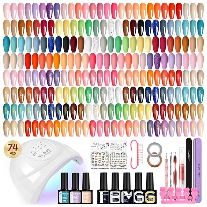 phoenixy Gel Nail Polish Kit with U V Light 74 Pcs Gel Nail Set 55 Colors Nail Polish Set Orange Series Complete Nail Kit with Base Coat & 4 Effects Top Coat Manicure Tools Gifts for Women