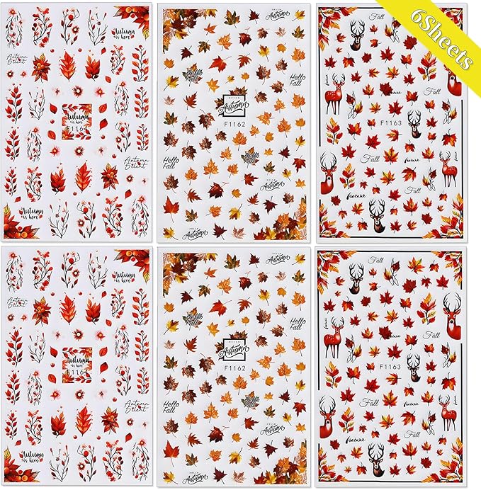 Fall Nail Art Stickers Autumn Maple Leaf Nail Decals 6PCS Autumn Leaves Deer Design 3D Self-Adhesive Nail Art Decorations Supplies Fall Stickers for Nails Women Thanksgiving Day DIY Manicure Decor
