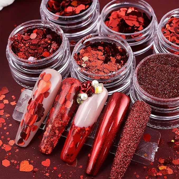 Heart Nail Art Glitter Red Valentines Day Nail Sequins Flakes, Red Manicure fine Glitter Powder, 3D Holographic Round Hexagon Nail Stickers Decals Supplies Nail Charms for Women 6 Box