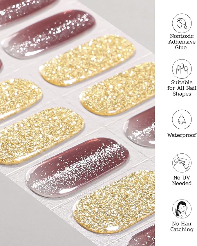 Nail Polish Strips - 22 Pcs Salon Quality Gel Nail Stickers - Long Lasting Wraps (Lavender Gold Foil)