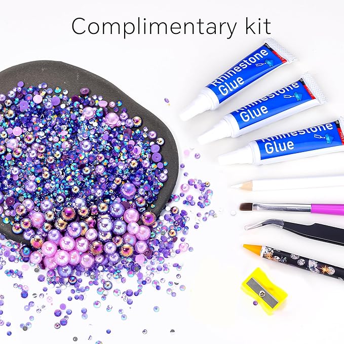 60g Mix Purple Flatback Rhinestones Half Pearls for Crafting, Mixed Size 3mm-10mm Resin Rhinestones for Bedazzling, Small Pearls for DIY Tumblers Mugs Nail Art Shoes Clothes with Glue