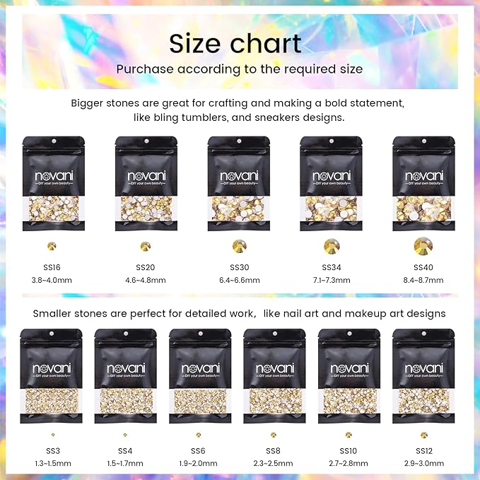 Novani Rhinestones 3000Pcs Flatback Crystal Round Loose Gemstones Glass Rhinestones for Crafts Makeup Nail Art Clothes Shoes DIY Decorations(SS8, 2.3-2.5mm,MetalSunlight)