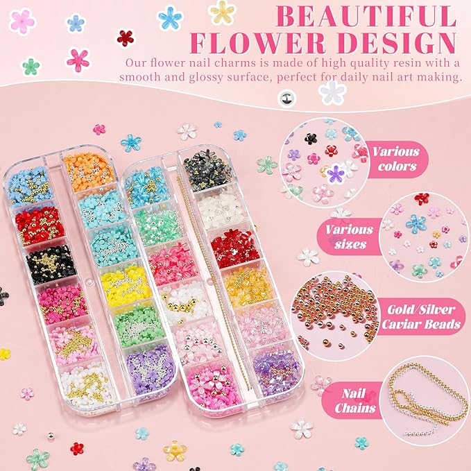 2 Boxes Colorful Flower Nail Charms & Nail Beads, Iridescent Nail Flower Charms Silver/Gold Caviar Beads with Nail Chain for Women DIY Manicure Crafts (6-S2-Mixed3)