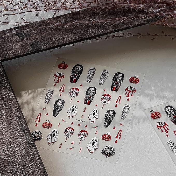 Halloween Ghost Nail Stickers 3D Embossed Stickers for Nails Spooky Nail Decals with Mummy Blood Drop Pumpkin Designs DIY Self Adhesive Nails Art Decoration