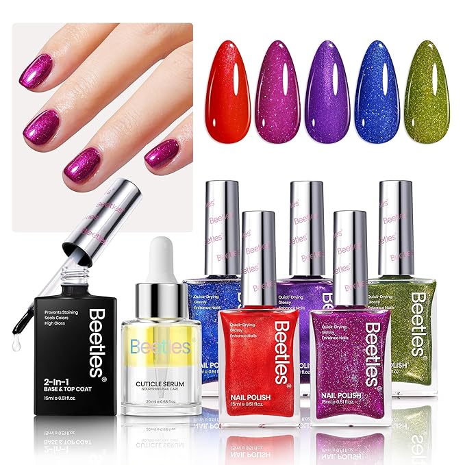 Beetles Glitter Nail Polish Set 7Pcs, Fast Drying & Long Lasting Red Blue Green Nail Polish with 2 IN 1 Base & Top Coat and Cuticle Serum 20ml, All-in-One Care 4th of July Nails Kit Christmas Gift Set