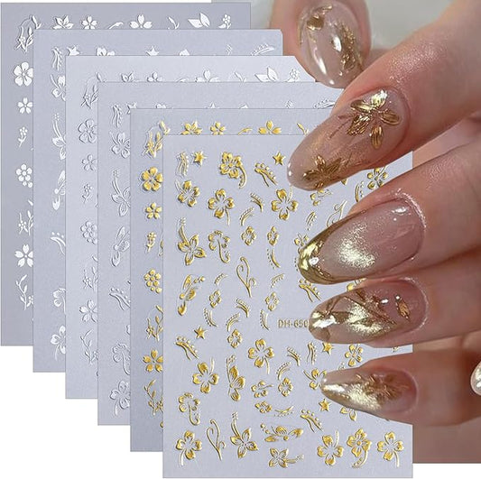 6 Sheets Flower Nail Stickers 3D Metallic Flower Leaf Nails Decals White Silver Gold Floral Nail Art Stickers Self Adhesive Hibiscus Flowers Nail Art Design Sticker for Women DIY Nail Accessories