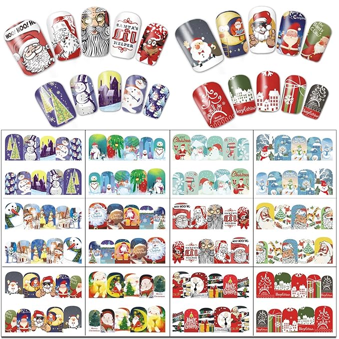 TailaiMei 60 Sheets Christmas Nail Stickers, Water Transfer Decals, Winter Full Nail Wraps Nail Art Decorations, Design for Santa Claus Snowflake Snowman (1028 Pcs)