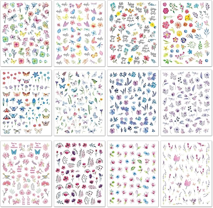 12 Sheets Flower Nail Art Stickers, Self-Adhesive Variety Colorful Floral Nail Decals, 3D Design Butterflies Dragonfly Nail Decorations for Women