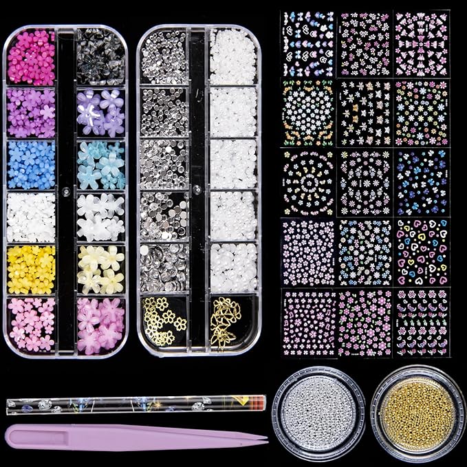 3D Colorful Flowers Nails Art Charms and Flower Nail Art Stickers 4 BoxesNail Rhinestones for Nail Art, Pearl Nail Charms and Silver Gold Caviar Beads for Nails