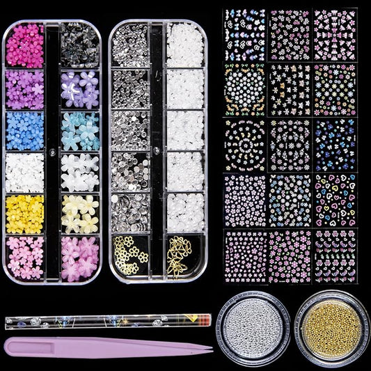 3D Colorful Flowers Nails Art Charms and Flower Nail Art Stickers 4 BoxesNail Rhinestones for Nail Art, Pearl Nail Charms and Silver Gold Caviar Beads for Nails