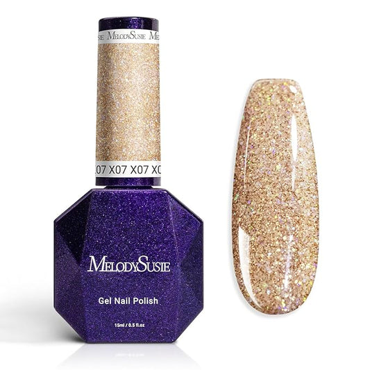 MelodySusie Galaliver Glitter Gel Nail Polish, 15ML Sparkly Shimmer Gel Polish Soak Off UV LED Cured Long Lasting Gift for Women DIY Nail Design Nail Art Manicure Golden Brown X07