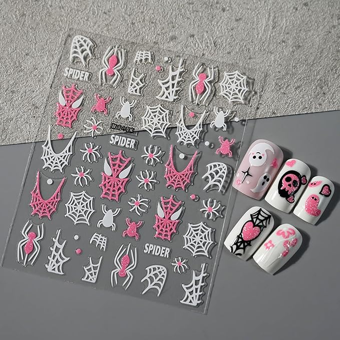 6 Sheets Halloween Nail Art Stickers Cute Ghost Bats Spiders Flame Pink Glitter French Nails Stickers Spiders Web Love Heart Design Nail Art Decals for Women Girls DIY Halloween Nails Decoration