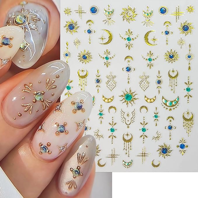 6 Sheets Bohemian Style Nail Decals Embossed Star Nail Art Stickers 5D Self-Adhesive Gold Stars Moon Sun Nail Decals Bohemia Nail Designs Stars Nail Decoration for Women Girls DIY Manicure Decor