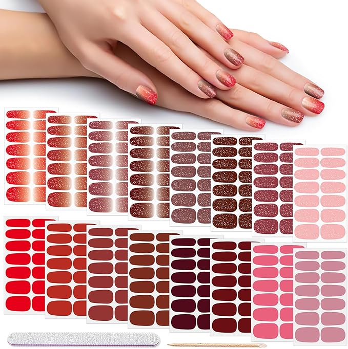 DANNEASY 224pcs/16 Sheets Nail Polish Strips, Nail Stickers Full Nail Wraps, UV Free | Self-Adhesive Gel Strips Sticker Nails for Women with 1 File, 1 Wooden Stick - Red Solid & Glitter