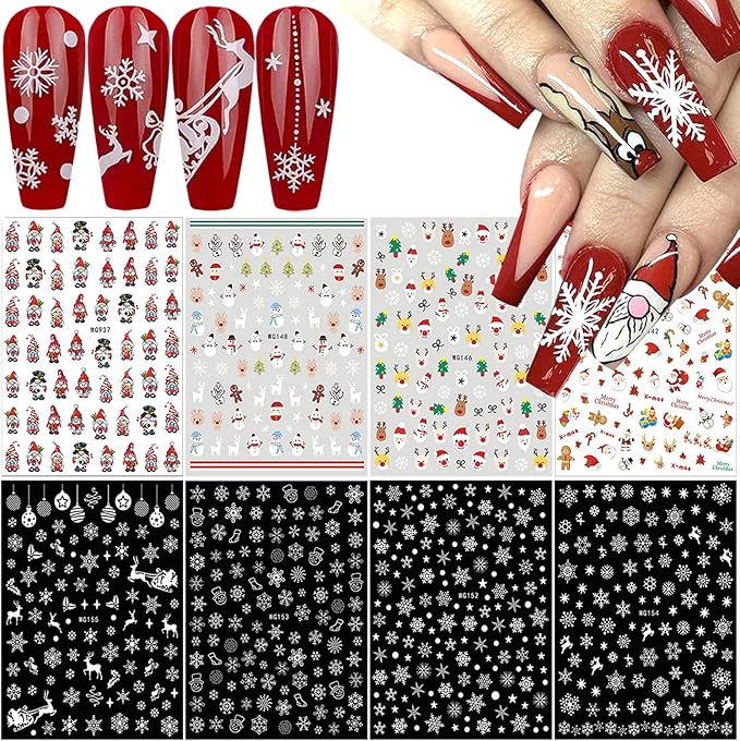 8 Sheets Christmas Nail Art Stickers 3D White Snowflake Nail Decals Xmas Tree Snowman Reindeer Santa Claus Nail Stickers Holiday Winter Nail Design Christmas Nail Decoration for Women Girls