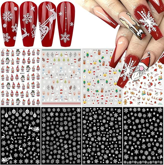 8 Sheets Christmas Nail Art Stickers 3D White Snowflake Nail Decals Xmas Tree Snowman Reindeer Santa Claus Nail Stickers Holiday Winter Nail Design Christmas Nail Decoration for Women Girls
