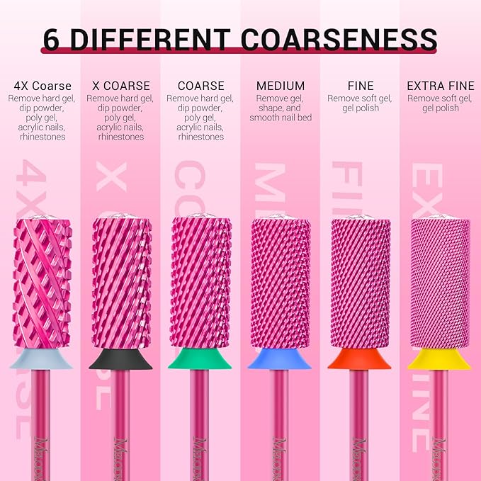 MelodySusie Large Barrel 3/32'' Tungsten Carbide Nail Drill Bit, Crystal Top Pink Heart Shape, Fast Remove Acrylic Gel, Cuticle Gel Polishing for Manicure Pedicure, Pink Blossom, Series Bit-S, 4XC