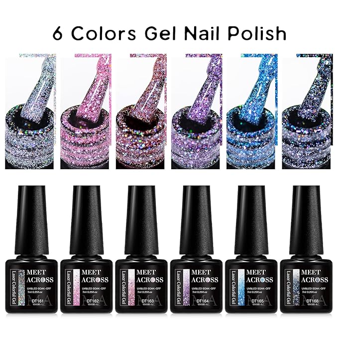 MEET ACROSS Gel Nail Polish Set 6 Pcs Glitter Colors Gel Nail Kit Art Design Soak Off UV LED (SET-5, 6pcs)