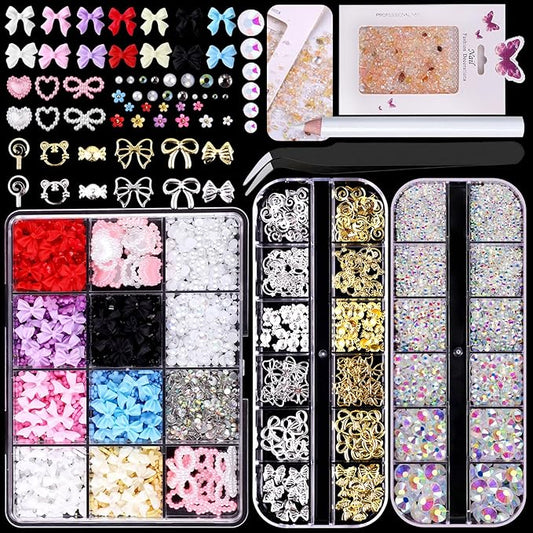 3D Nail Charms and Gems Kit, Color Candy Bow Star Heat Nail Art Charms,Flatback Gems+Gold Bow Nail Studs+Gravel Diamond,Mixed Nail Rhinestones Manicure Kit Nail Art DIY Decoration