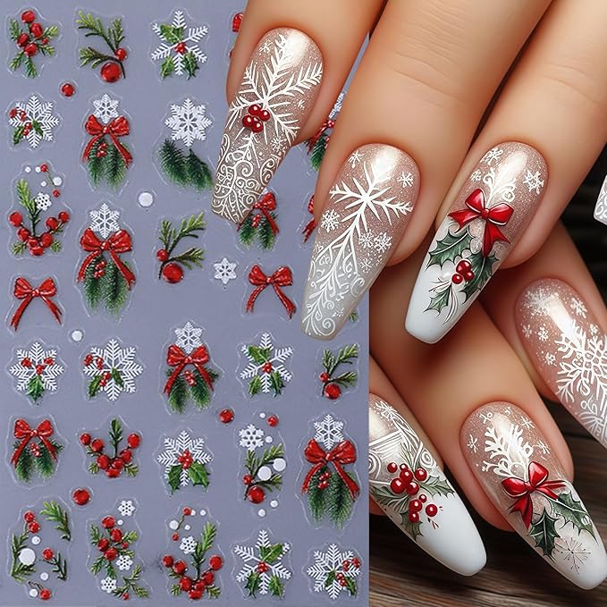 4 Sheets Green Christmas Nail Art Stickers 5D Micro Relief Holly Leaf Bow Nail Decals Winter Xmas Red Bow Holly Nail Stickers White Snowflake Nail Supplies for Women Holiday New Year Charms Nail Decor