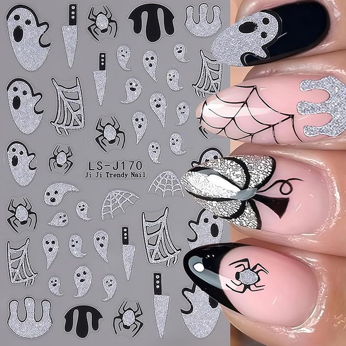Halloween Nail Art Stickers Spider Web Nail Decals 2 Sheets 3D Self-Adhesive Glitter Spider Ghost Blood Nail Decals Day of Death Nails Stickers Holiday DIY Manicure Decoration Sticker for Women