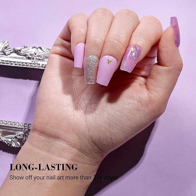 MelodySusie Semi Cured Gel Nail Strips (Dreamy Purple), 20 PCS Gel Nail Stickers, Silver Glitter Gel Nail Wraps, UV Light Required, Durable and Salon Quality