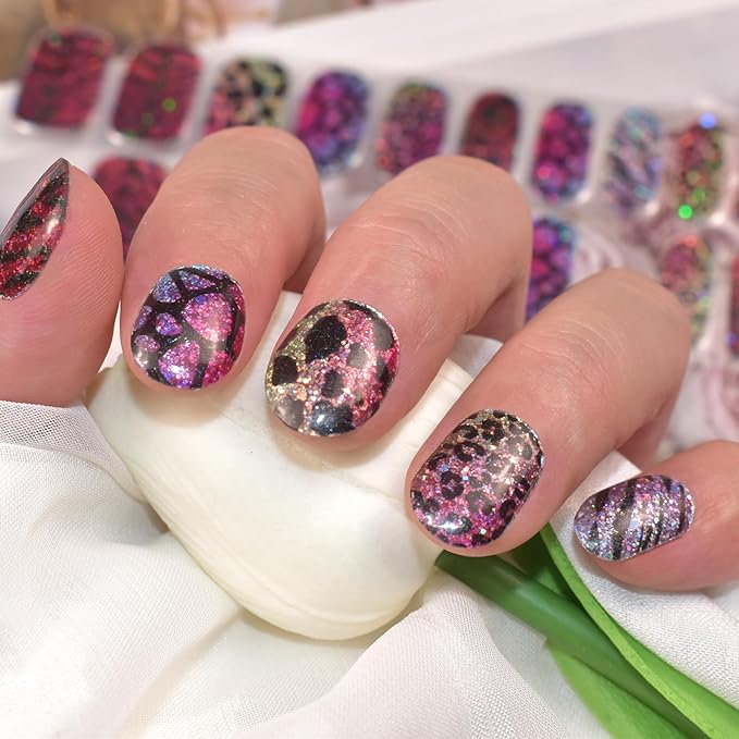 Semi Cured Gel Nail Strips (Glitter Leopard)-22 PCS Manicure Stickers | Gel Nail Wraps | Light Required, Salon Quality & Easy to Use