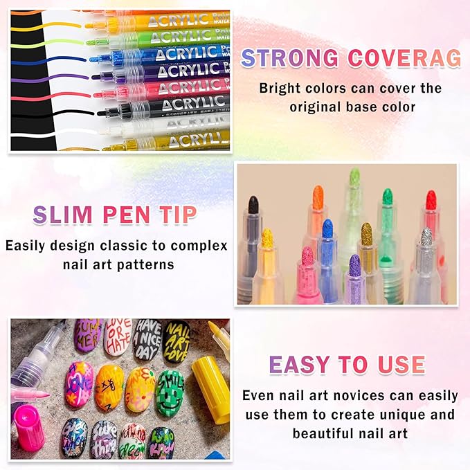 36 Colors Nail Art Pens Set Nail Polish Pens Nail Art Drawing Graffiti Marker Pen Quick Dry Waterproof Nail Art Painting Pens Kit for Home DIY Nail Art Design