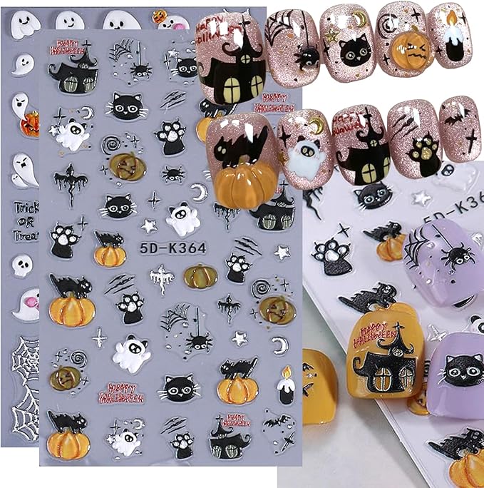 2Sheet Halloween Nail Art Stickers 5D Relief Cartoon Ghost Cat Dark Self-Adhesive Sticker Nail Decals Cute Ghost Pumpkin Pattern Nail Art Slider DIY for Women Girl Cute Halloween Nail Decoration