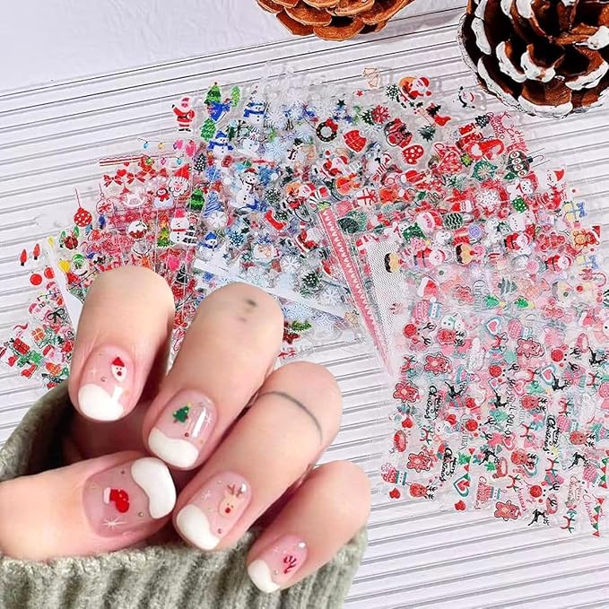 Glitter Christmas Nail Art Stickers for Set 3D Self- Adhesive Nail Supplies Snowflake Elk Santa Claus Cute Penguin Deer Snowman Nail Decals with Design Sparkly Xmas Winter Nail Decoration for Women