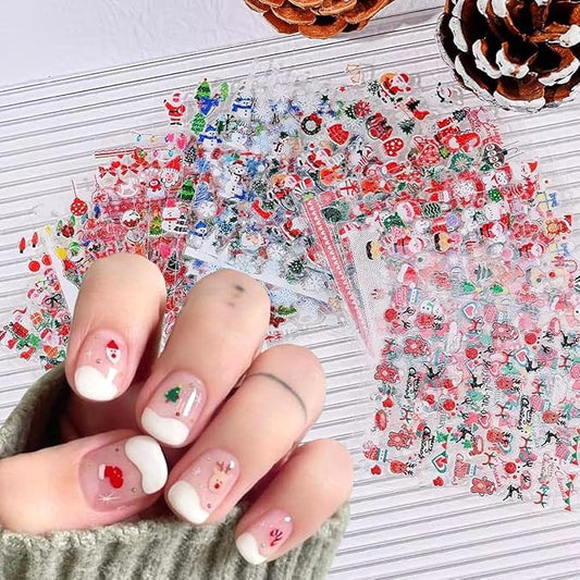 Glitter Christmas Nail Art Stickers for Set 3D Self- Adhesive Nail Supplies Snowflake Elk Santa Claus Cute Penguin Deer Snowman Nail Decals with Design Sparkly Xmas Winter Nail Decoration for Women