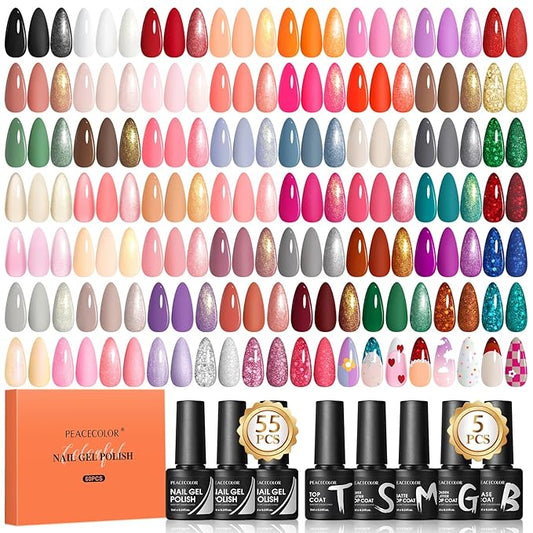 PEACECOLOR 60PCs Gel Nail Polish Set 55 Fall Winter Colors Brown Pink Red Gel Polish with 5Pcs Glossy/Matte/Glitter Top Base Coat Soak Off Long Lasting Manicure Kit Gifts for Women DIY Home