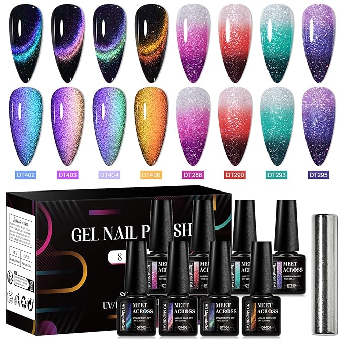 MEET ACROSS 8pcs Nail Polish Set, Soak off UV LED Lamp Cat Eye Gel Set Home Manicure Kit 7ml (Glitter Temper + 9D Cat Eye Gel)