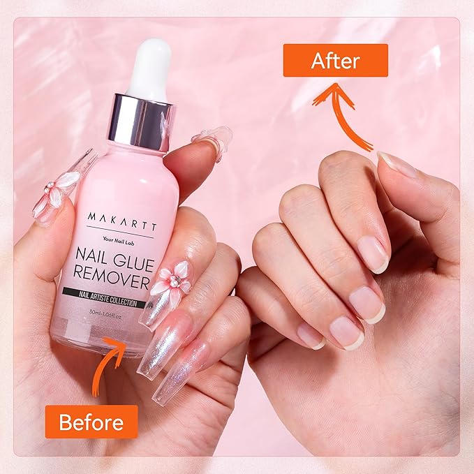 Makartt Press on Nail Glue Remover: Updated Formula with Vitamin E | Glue Debonder with 5 Wooden Sticks,1 Dropper Applicator for Quicker Application,Non-Acetone,Hema-free Glue off 30 ml