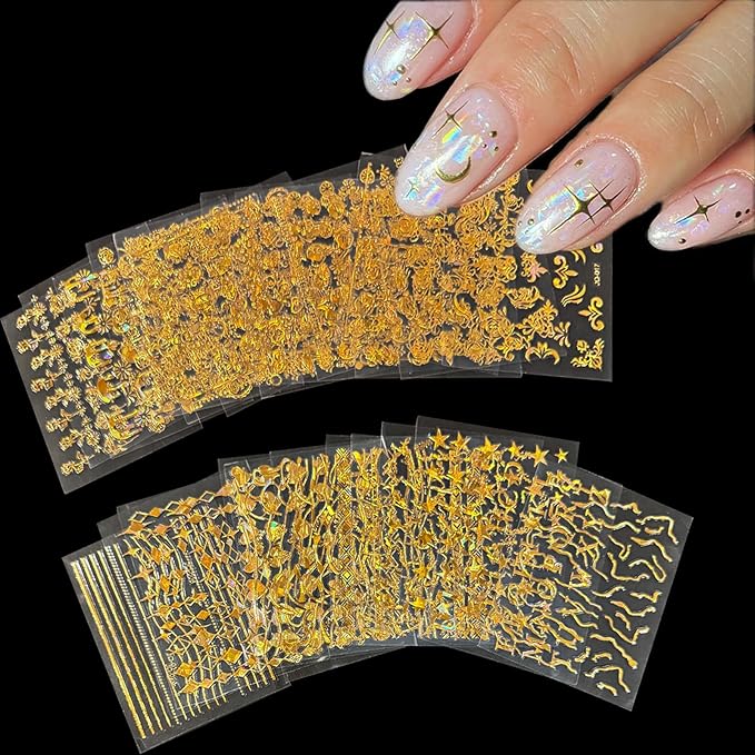 30 Sheets Gold Nail Art Stickers 3D Self-Adhesive Nail Decals Holographic Laser Gold Floral Star Heart Leaf Nail Design Nail Supplies for Women Girls Nail Art Decoration Accessories