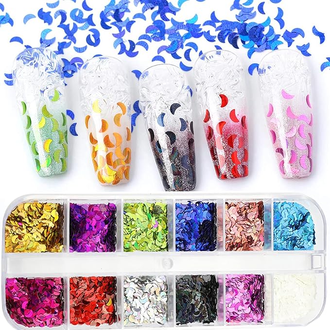 12 Colors Glitters Decor Crescent Shape Flakes Sequins 3D Moon Nail Art Stickers Laser Glitter Designs Nails Powder for Women Girls Manicure Accessories