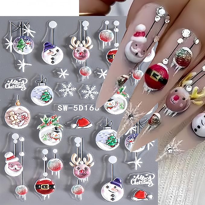 3 Sheets Christmas Nail Art Stickers 5D Embossed Christmas Snowflake Elk Self-Adhesive Gold Glitter Bowknot Nail Design Cute Bear Bell Snowman Women Nail Decoration