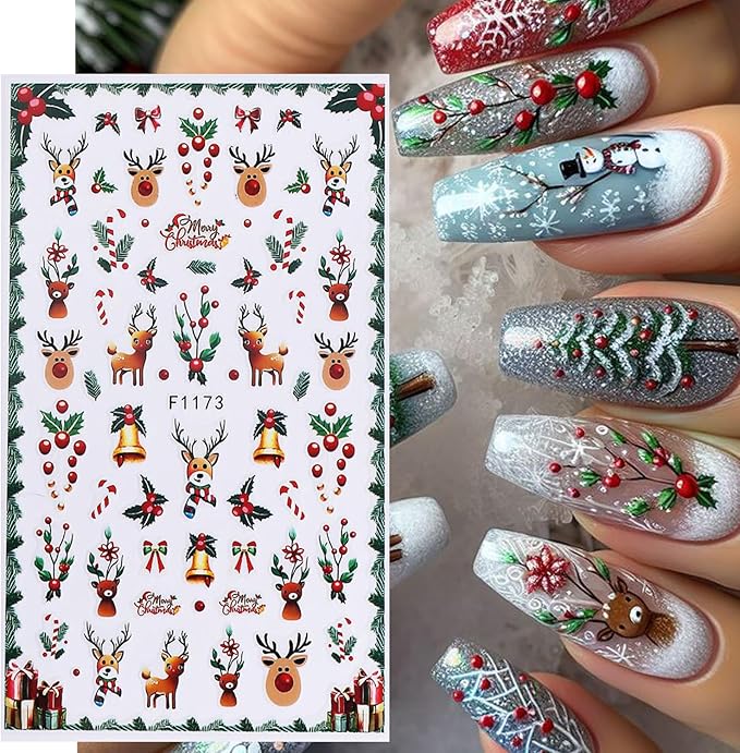 5pcs/Set Christmas Nail Stickers Santa Claus Tree Bell Deer Snowflake Snow Candy Cartoon Elk Nail Art Design 3D Adhesive Nail Stickers for Winter New Year Sliders Decals Manicure Supplies Decoration