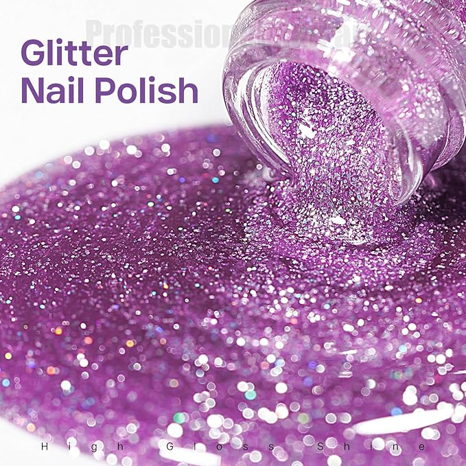 MIZHSE Quick Dry Glitter Purple Nail Polish, Shimmery Nail Polish Air Drying Fast, 15ml High Glossy Sparkly Shiny Nail Art Salon Manicure Home