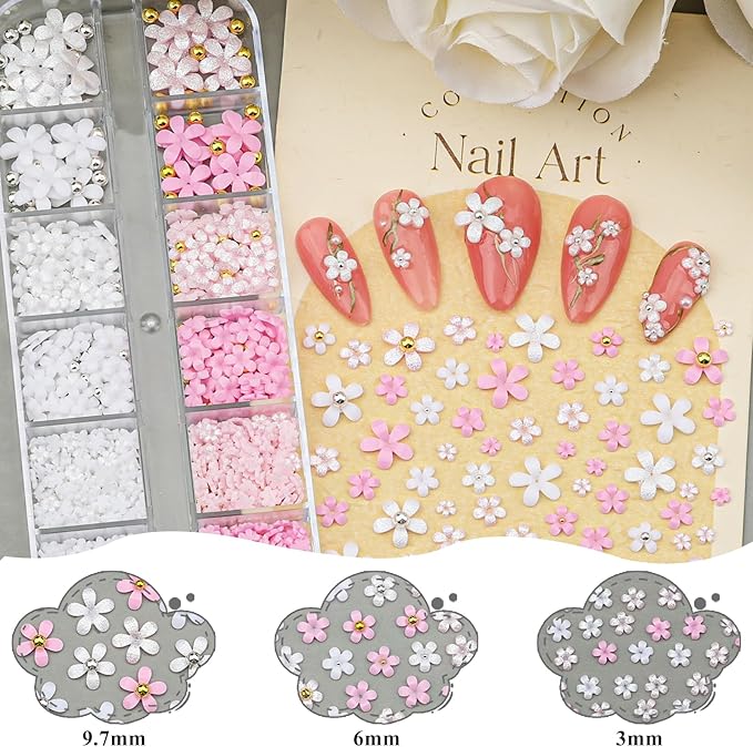 3 Boxes 3D Flower Nail Charms and Gems - Colorful Nail Flower & Metal Butterfly Charms Clear Rhinestones Gemstones Silver/Gold Caviar Beads White Pearls with Nail Chain for DIY Nails (15-S3-Mixed4)