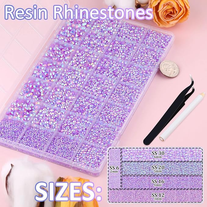 30000Pcs Resin Rhinestones for Bedazzling with Tweezers, Lavender Purple AB Rhinestones for Crafting with B7000 Jewelry Glue for DIY Crafts Clothing Tumblers Shoes Fabric Nail Art