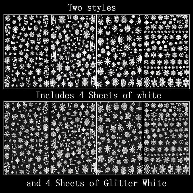 8 Sheets Christmas Nail Art Stickers Decals Self-Adhesive Holiday White Snowflakes Winter Nail Supplies Nail Art Design Decoration Accessories