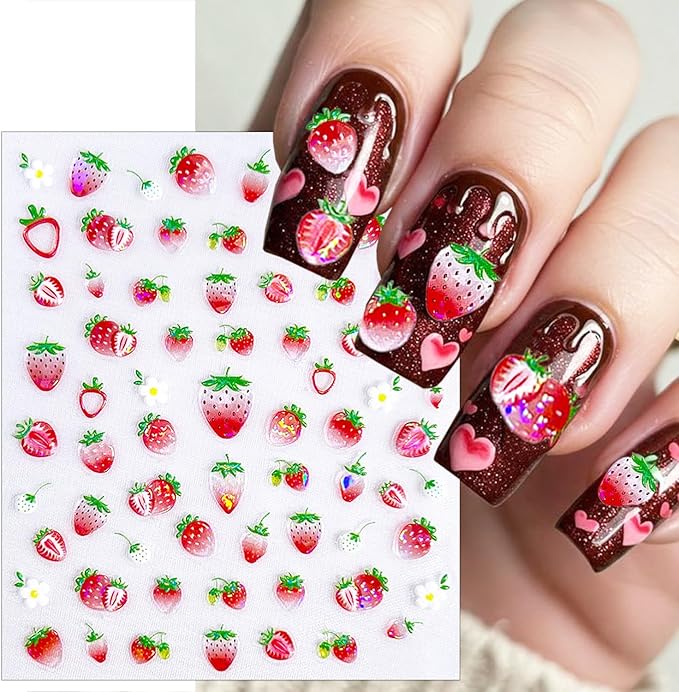 3 Sheets Summer Fruit Nail Stickers for Nail Art 5d Self-Adhesive Cute Flower Strawberry Nail Decals with Laser Designs Watermelon Grapes Nail Art Sticker Kiwi Lemon Nail Decal for Women Nails Supply