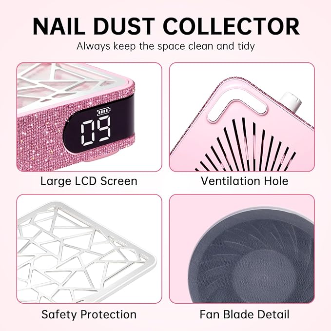Nail Dust Collector, Cordless Dust Collector Nail Tech, Powerful Vacuum Fan Vent Dust Collector Extractor Dust Suction Machine for Acrylic Nails Polishing, Nail Salon, Pink Diamond